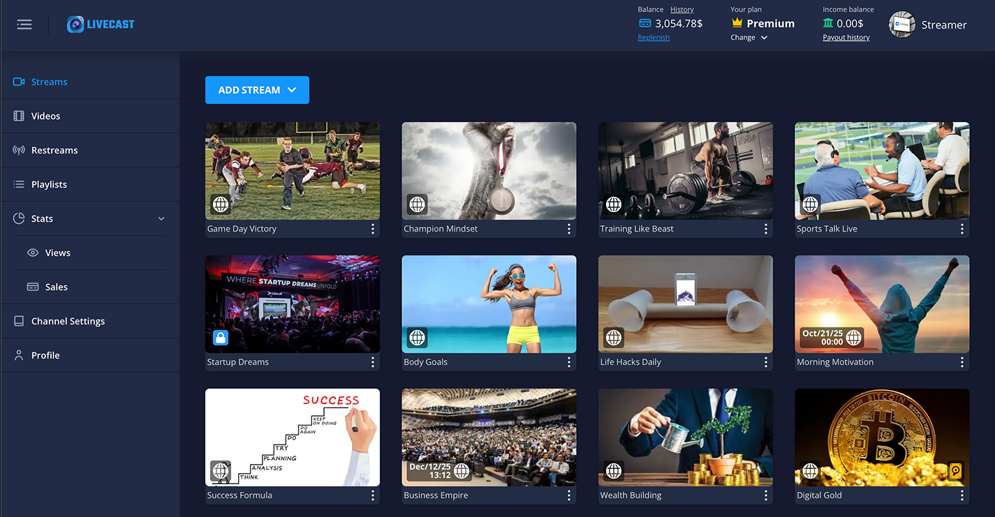 LiveCast Dashboard - Streams Management